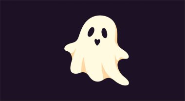 Cadılar Bayramı için koyu mor bir arka planda kalp şeklinde bir ağzı olan sevimli ve arkadaş canlısı bir çizgi film hayaleti..