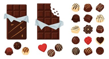 Tatlı için lezzetli bir çikolata koleksiyonu ve çeşitli çikolatalı şekerler, pralinler ve trüf mantarı..