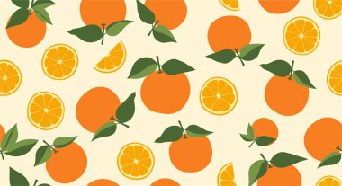 Açık krem arka planda tüm portakallar, portakal dilimleri ve yeşil yapraklardan oluşan parlak ve meyvesiz bir desen..