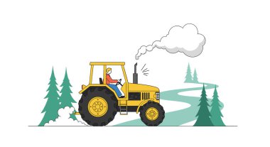 Sarı bir traktörle çam ağaçlarından oluşan bir ormanın içinden geçen bir yolda egzoz borusundan duman çıkan bir adam..