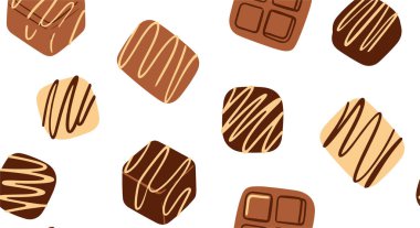 Sütlü ve koyu çikolatalı çeşitli çikolatalardan oluşan kusursuz bir desen, beyaz arka planda serpiştirilmiş..