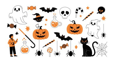 El yapımı Cadılar Bayramı ikonları ve balkabakları, hayaletler, siyah bir kedi ve kafatasları içeren turuncu ve siyah karakterler..