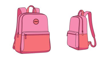 Pembe ve kırmızı okul çantasının iki görüntüsü, ön taraftan gösteriliyor ve arka planda beyaz bir açı var..