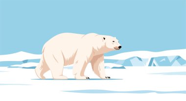 Görkemli kutup ayısı soluk mavi bir gökyüzünün altında arka planda buzdağlarıyla karlı bir kutup bölgesinde yürüyor..