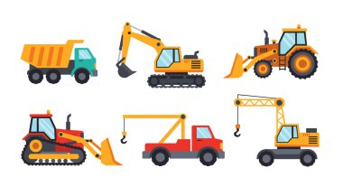 Beyaz arka planda bir çöp kamyonu, kazıcı, buldozer ve vinç de dahil olmak üzere altı renkli inşaat aracı..
