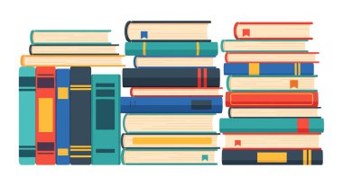 Birkaç uzun renkli kitap yığını dikey ve yatay olarak sıralanmış, temiz beyaz bir arkaplanda izole edilmiş..