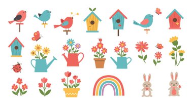 Kuşlar, çiçekler, tavşanlar, kuş evleri ve renkli bir gökkuşağı içeren büyük bir bahar temalı illüstrasyon koleksiyonu..