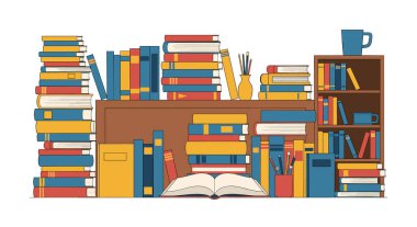 Dağınık ama düzenli kitaplıklar, kitap yığınları ve okumaya hazır açık bir kitap ile çalışma alanı.