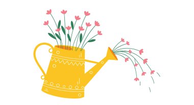 Huysuz sarı bir sulama kutusu çiçek açan pembe çiçeklerle dolu, daha fazla çiçek sihirli bir şekilde fışkırıyor..