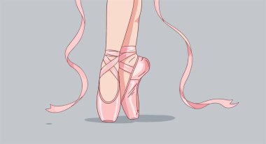 Gri arka planda uzun kurdeleli pembe saten ayakkabılarla noktanın üzerinde duran bir balerin ayağına yakın dur..