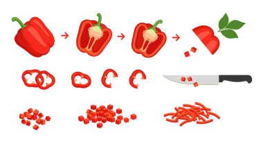 Eğitim diyagramı aşama aşama aşçı bıçağı ile kırmızı biberi dilimleme ve doğrama sürecini gösteriyor..