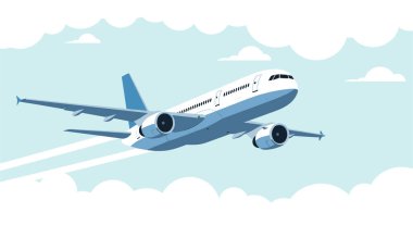 Büyük yolcu jet uçağı yolculuk ve havacılık için yumuşak beyaz bulutlarla dolu açık mavi bir gökyüzüne doğru havalanır..