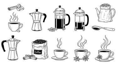 Tam kahve demleme ekipmanı seti içinde kahve fincanları fasulyeler ve klasik eskiz tarzında Fransız pres makineleri yer alıyor..