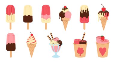 Dondurma, koni ve farklı malzemeler ve aromalı bardaklar da dahil olmak üzere çeşitli renkli dondurma türleri koleksiyonu.