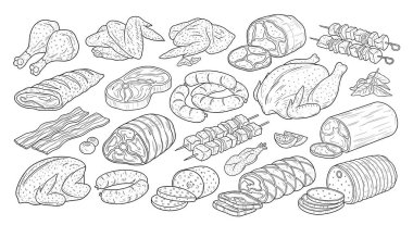 Tavuklar, sosisler, biftekler, kebaplar ve siyah beyaz çizgili fırınlar da dahil olmak üzere çeşitli et ürünleri..