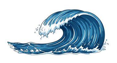 Güçlü mavi okyanus dalgaları beyaz köpüklü ve kenarlarında su damlacıkları olan güzel bir ibiğe doğru kıvrılıyor..