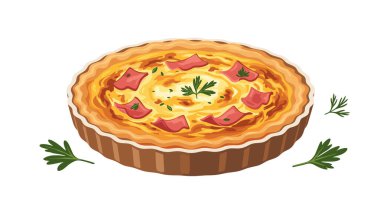 Taze pişmiş kiş ya da altın hamurlu, jambonlu ve sade beyaz arka planda izole edilmiş taze maydanoz garnitürlü lezzetli tart..