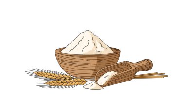 Ahşap kepçe ve ekmek yapımını temsil eden altın buğday saplarının yanında beyaz unla dolu Rustik kase..