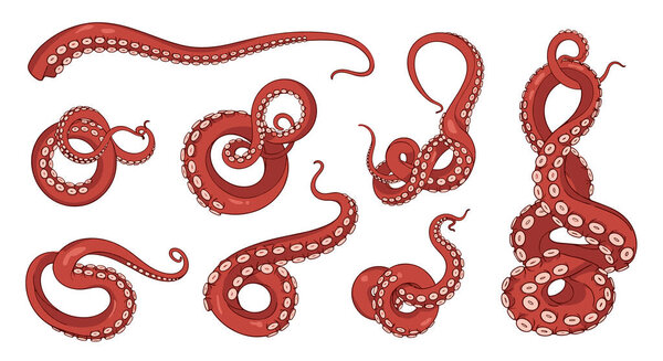 Set of detailed red octopus tentacles in various curled, coiled, and twisting positions on a white background for marine life concepts.