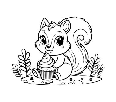 Şirin Sincap Tutucu Kek Vektör Renk Sayfası 