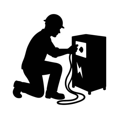 Elektrik Kutusu Siluet Vektörü üzerinde çalışan bir elektrikçi 