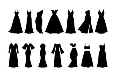 Zarif Kadın Gece Elbisesi ve Resmi Elbise Vektörü Siluetleri 