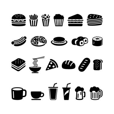 Yiyecek ve içecek Siluet Simgesi Vektörü Ayarlandı 