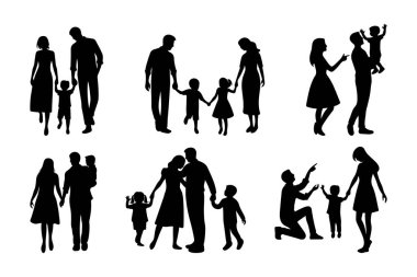 Ebeveynleri ve çocukları olan Mutlu Aile Silüeti Vektörü