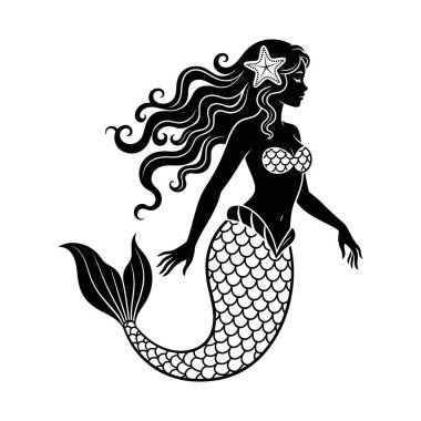 Fantezi ve Okyanus İçin Deniz Kızı Siluet Vektörü 