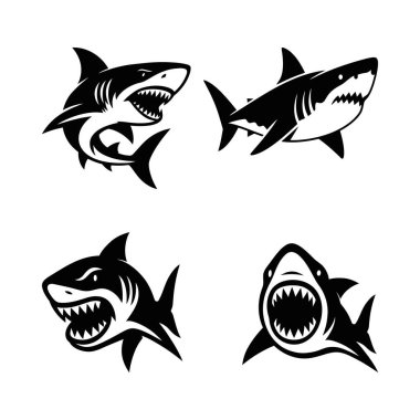 Beyaz arkaplan ile köpekbalığı vektör silueti ayarlandı 