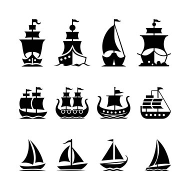 Gemiler ve Yelkenliler Simge Vektörü Ayarlandı 