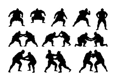 Sumo Güreşçileri Vektör Siluet Set Dövüş Pozisyonları