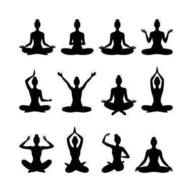 Yoga Siluetleri Fitness Meditasyon ve Sağlık Tasarımı Vektörü