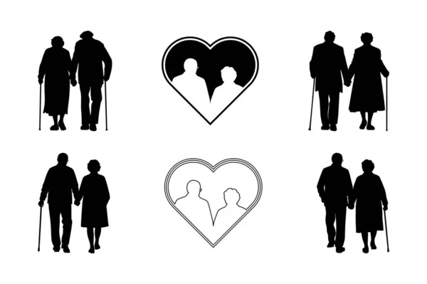 Yaşlı Çift Birlikte Yürüyor Siluet Vektör Koleksiyonu  