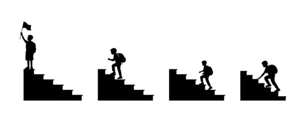 Okullu Çocuğun Vektör Silueti Merdivenleri tırmanıyor ve Başarı Bayrağını Yükseltiyor 