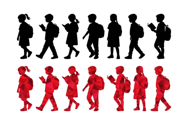 Okul Erkekleri ve Kızları Sırt Çantaları ve Okuma Kitaplarıyla Yürüyen Vektör Siluet