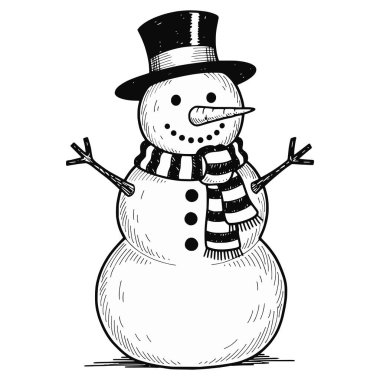 Siyah ve Beyaz Kardan Adam Silindir Şapkalı ve Çizgili Şallı Çiziyor