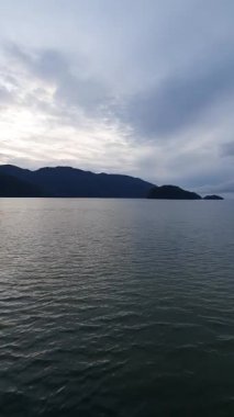 Gündüz vakti bulutlu bir gökyüzü ile çevrili güzel bir gölün dikey görüntüsü.