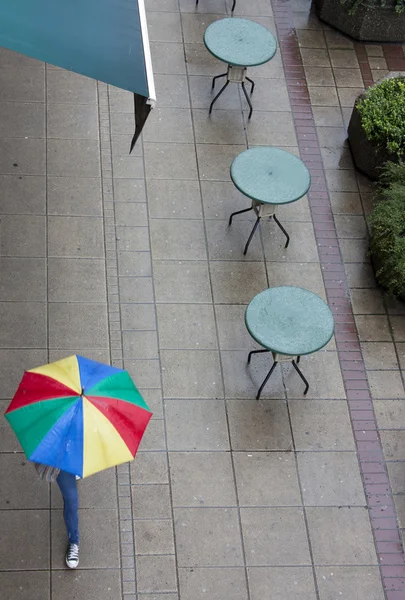 Empty cafe tables on a rainy day