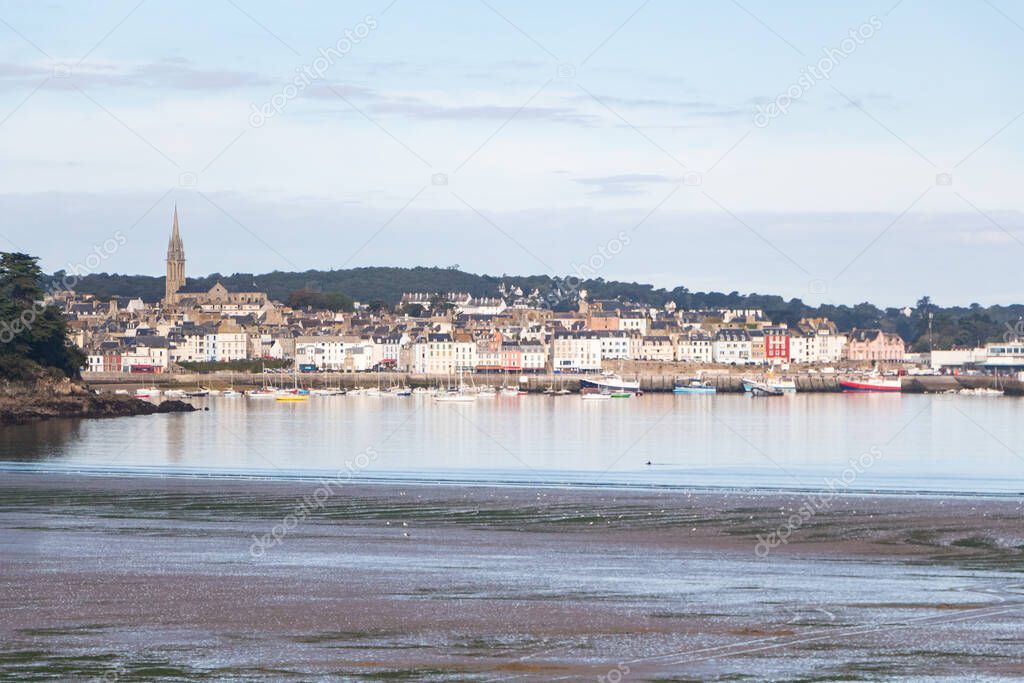Ris beach at low tide and Rosmeur harbor in Douarnenez