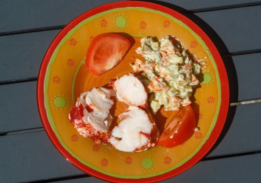 Istakoz kuyruğu, karışık sebze ve domates parçaları ile başlıyoruz.