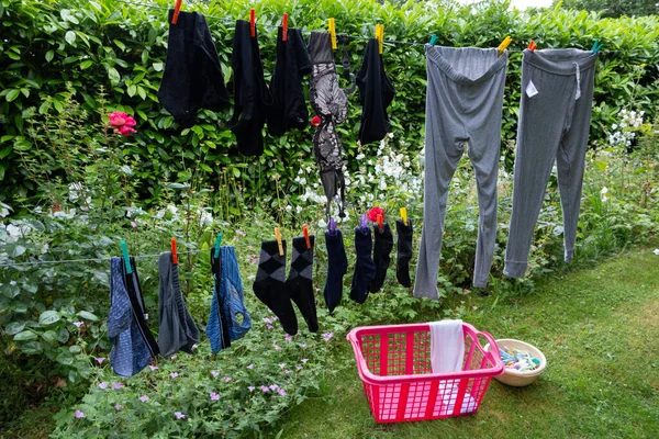 Linha Lavagem Com Roupa Que Seca Jardim — Fotografia de Stock