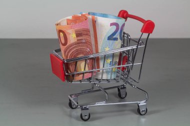 Small metallic shopping cart and euros banknotes clipart