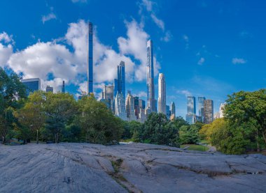 New York şehrinin ikonik silueti Central Park 'ın yemyeşil gökyüzü altında yükseliyor..