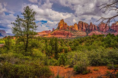 Sedona 'nın Kızıl Kaya Kralı manzaralı bir manzara sunuyor. Manzara kırmızı kaya oluşumları ve yemyeşil bir duvar halısıdır..