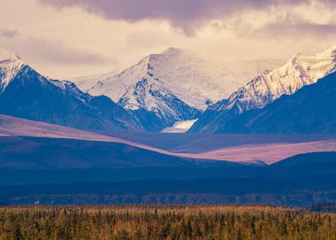 Görkemli Denali sıradağları bulutlu bir gökyüzüne karşı dimdik ayakta duruyor..