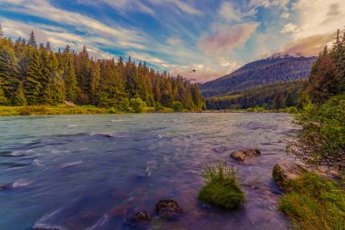 Chilkoot Nehri, dramatik bir gökyüzünün altındaki yemyeşil bir ormanın içinden akar ve kıyıda küçük bir yapı görülebilir..