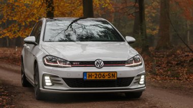 Gündüz vakti güz ormanlarından geçen modern bir araba. 