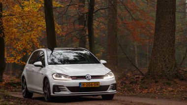 Gündüz vakti güz ormanlarından geçen modern bir araba. 