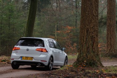 Gündüz vakti güz ormanlarından geçen modern bir araba. 